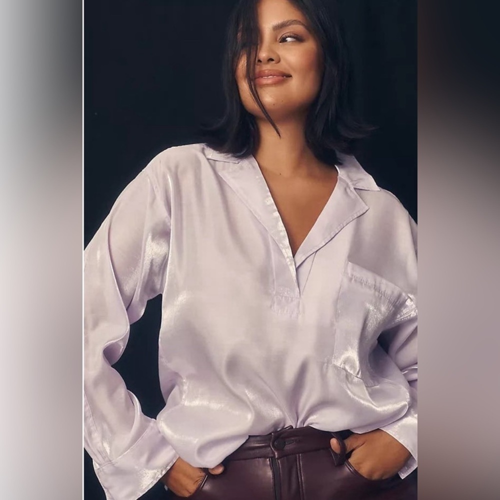 Anthropologie Lilac Satin V-Neck Pullover Blouse